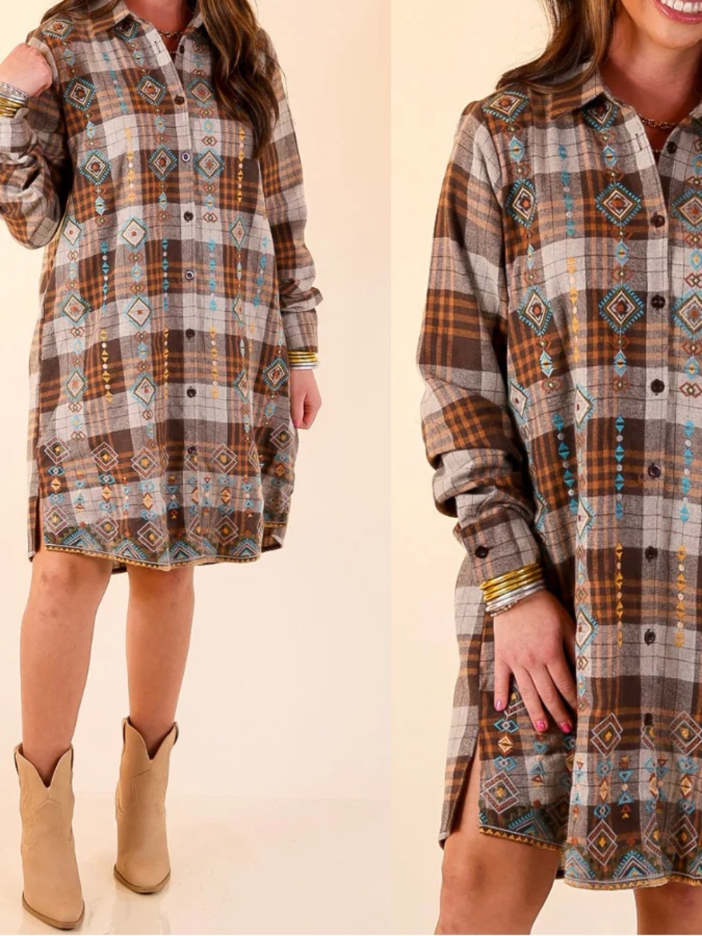 SHEIN Brown Plaid Button-Down Dress with Blue & Beige Aztec Accents
